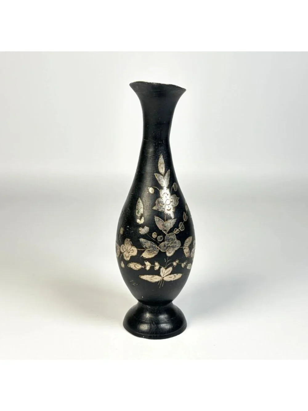 Vintage Black Metal Pitcher Vase Floral Engraving Thin Handle Decorative Piece